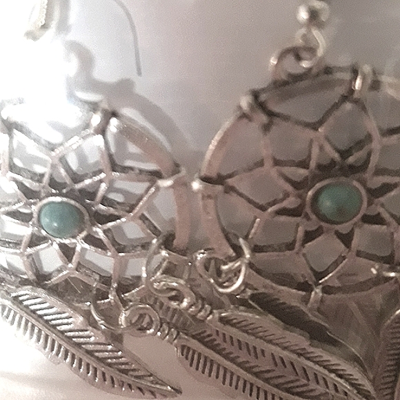 Southwest Silver Turquoise Blue Dream Catcher Earrings Feather Tassel Dangle NEW - Picture 2 of 12